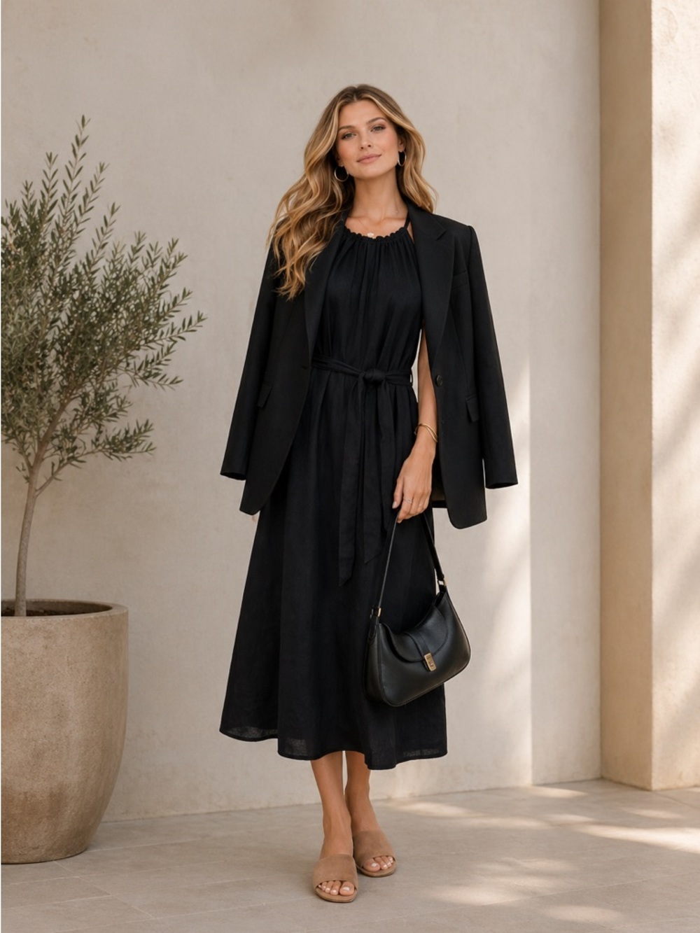 Gap Black Halter Midi Dress Size L Linen Blend Belted Relaxed Fit Flattering